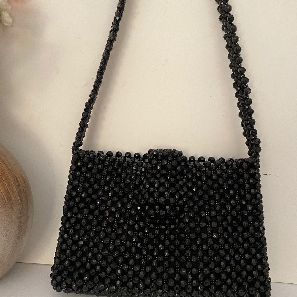 Vntg. 70's crochet/bead black Hipster ~ trending ~ shoulder bag ~ flap closure